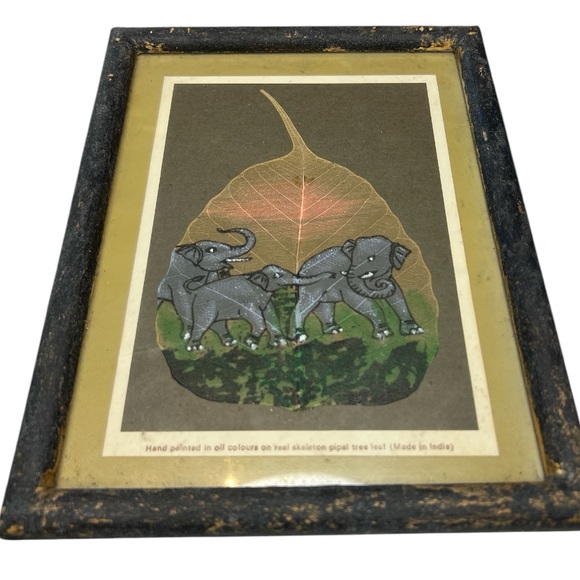 Peepal Leaf Elephant Art Fram Wall Decor Hand Painted Vintage - Picture 3 of 10
